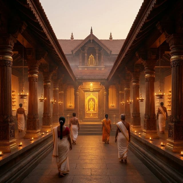 Sacred temple corridor with golden lamp light
